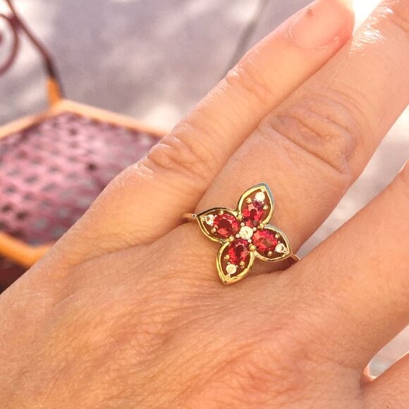 Tanzanian Ruby & White Zircon 9K Yellow Gold Ring Genuine Gemstones July - Picture 8 of 14